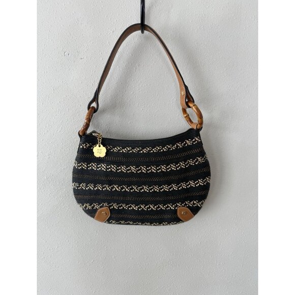 Eric Javits Woven Straw Leather Strap Zip Top Bag Purse Black Tan Brown Shoulder - Picture 1 of 7